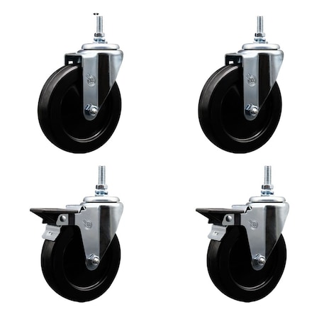 Service Caster 5 Inch Hard Rubber 38 Inch Threaded Stem Caster Set 2 Brakes SCC SCC-TS20S514-HRS-381615-2-PLB-2
